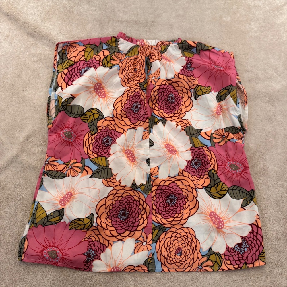 THML Floral Ruffle Neck Boho Coastal Cottagecore Chic Resort Summer Top Sz M - Picture 8 of 9